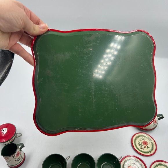 Antique 1930's Tin Ohio Art Co. Bryan Ohio Tea Set 14 Pieces Floral Pattern USA - Picture 4 of 11